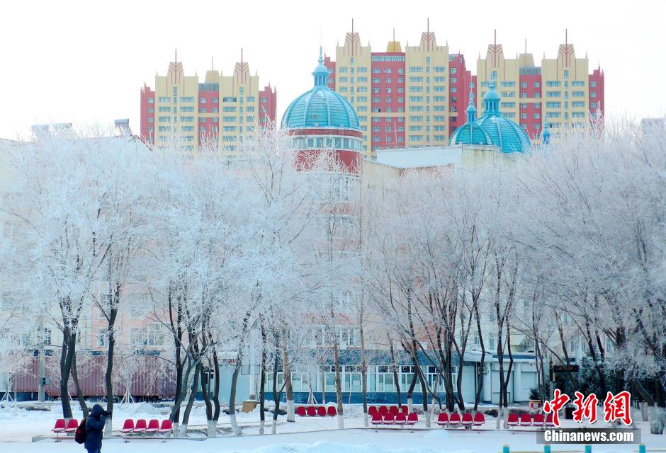 12月10日,受降溫天氣影響,黑河市黑龍江江畔出現(xiàn)綿延數(shù)公里的霧凇景觀。