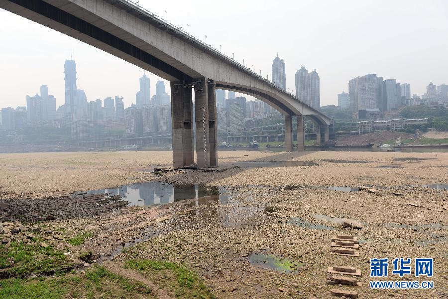 重慶黃花園大橋下大面積江灘裸露(5月4日攝)。