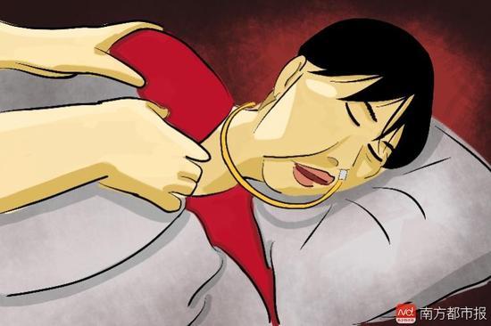 妻子張津華再沒能醒來，這個正處盛年、愛美又能干的女人變?yōu)榱酥参锶?，在床上一躺九年，容顏已枯朽。（畫作者：羅逸爵）