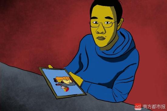 王煥凱看著一家人幸福的合照，黯然神傷，悔不當(dāng)初。（畫作者：吳斌）