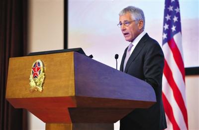 昨日下午，美國國防部長哈格爾在中國國防大學發(fā)表演講。