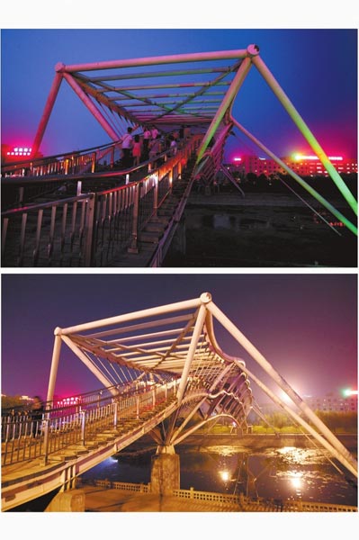 花園路西側(cè)東風(fēng)渠景觀橋，上圖攝于7月31日晚間，下圖攝于10月9日晚間。