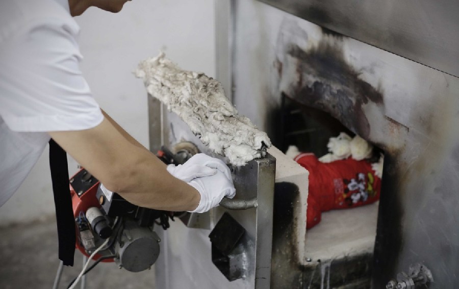 工作人員將狗狗推入火化爐。