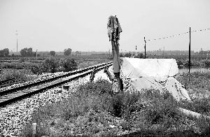 6月30日， 農(nóng)戶(hù)用搭建的窩棚和電線桿阻擋了鐵路的施工。新華社發(fā)