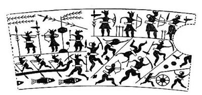 衛(wèi)輝市山彪鎮(zhèn)發(fā)掘出的戰(zhàn)國水陸攻戰(zhàn)紋銅鑒，上面有古人乘舟水戰(zhàn)的場面。